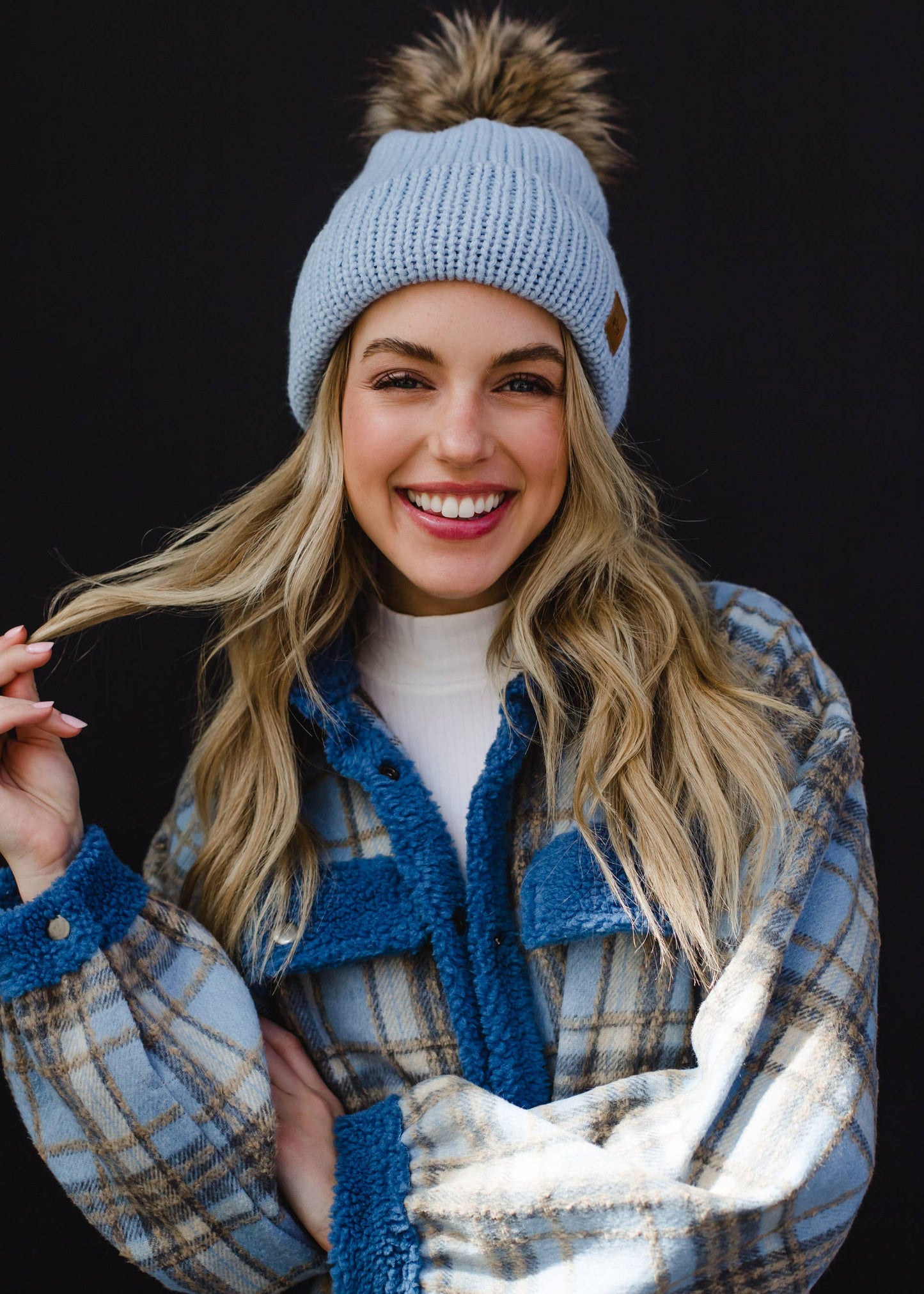 Light Blue Cable Knit Pom Hat