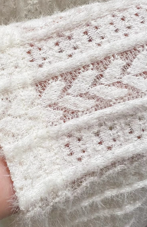 Beige Soft Knit Fluffy Texture Lace High Neck Layering Top