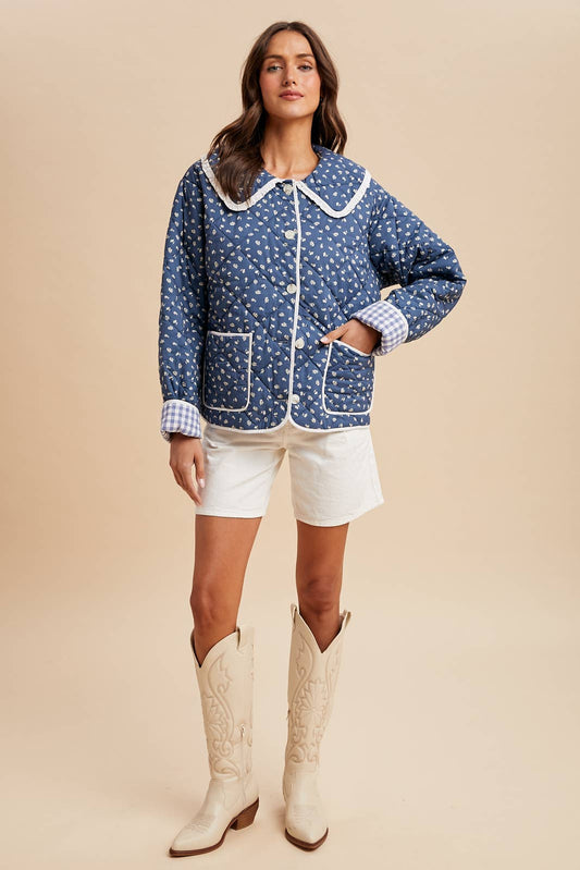 Indigo Quilted Doll Collar Puffer Jacket