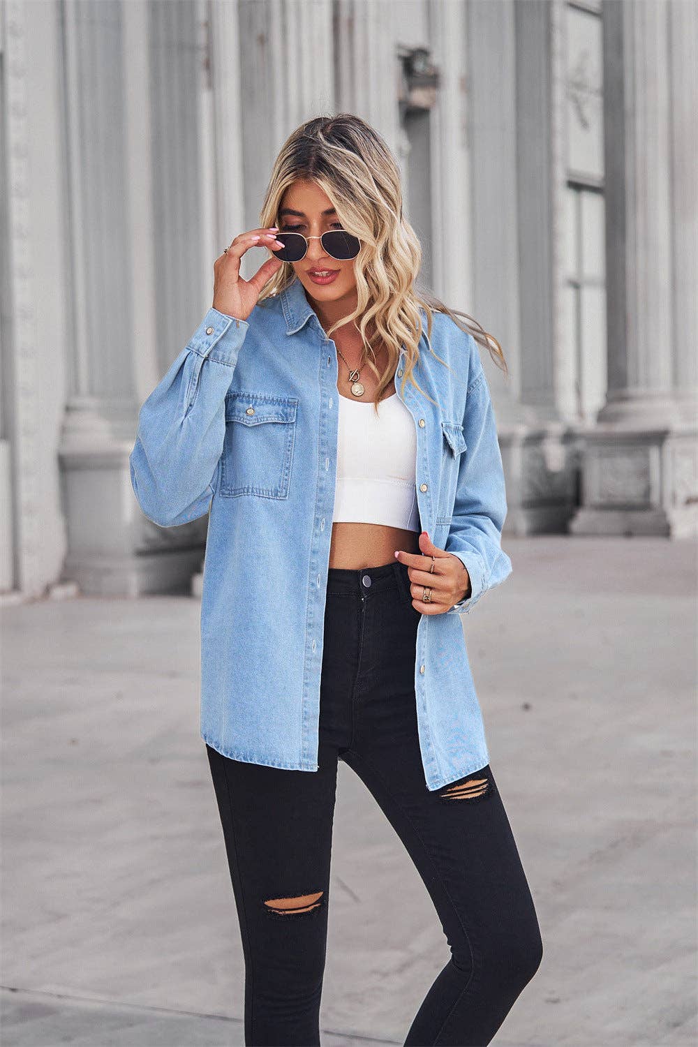 Ladies Lapel Denim Button Down Casual Daily Shirt