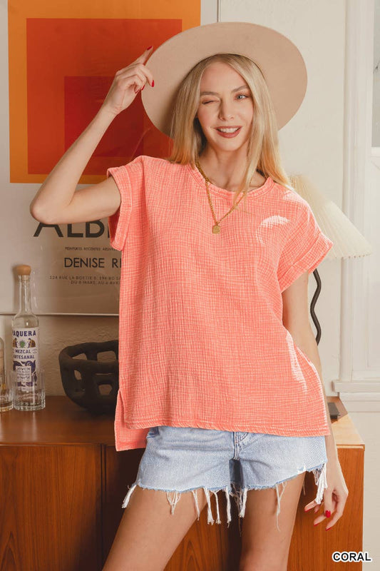 Coral Woven Double Gauze Acid Washed Hi-Low Top