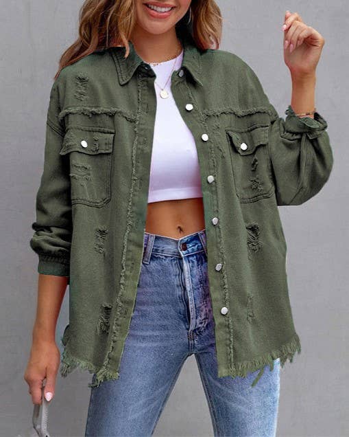 Army Green Ripped Long-Sleeved Denim Jacket