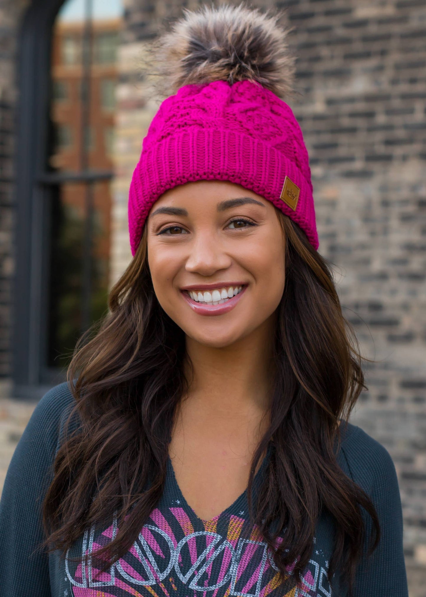 Pink Cable Knit Pom Hat