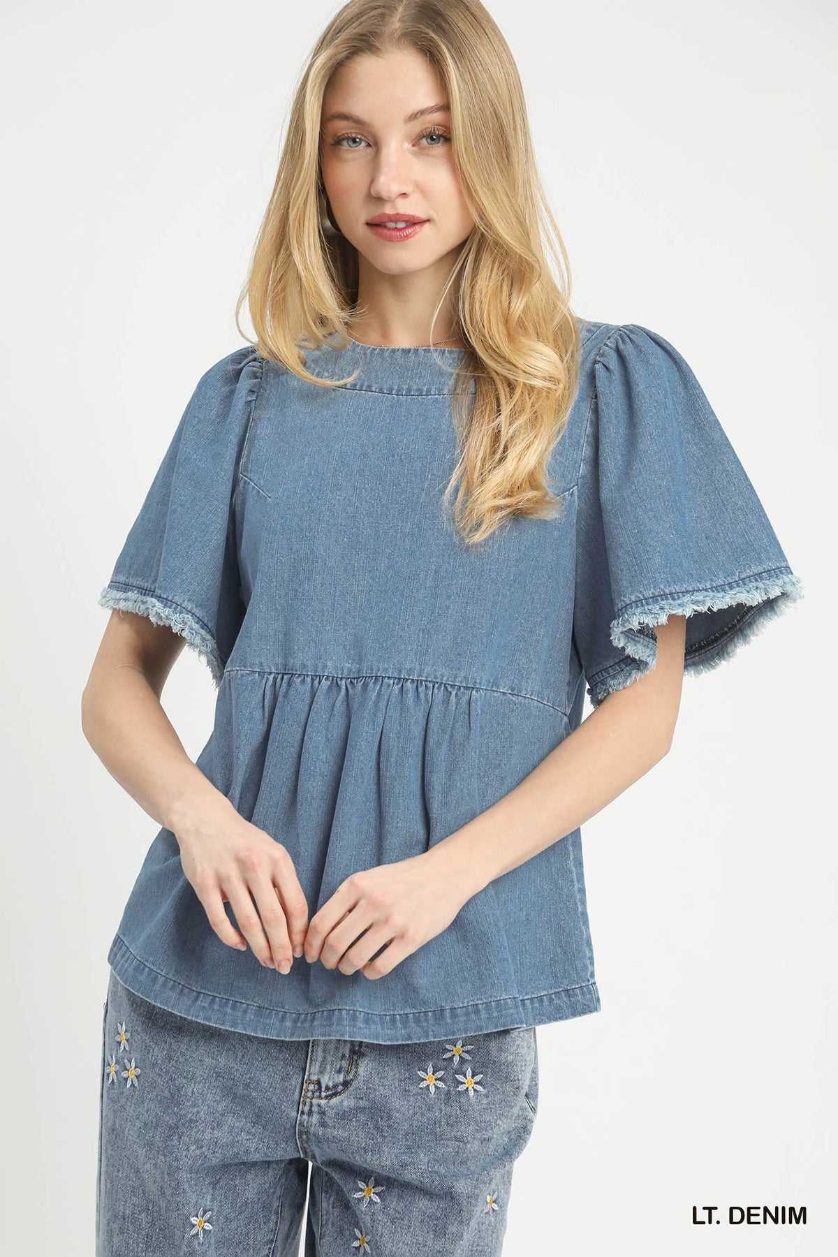 Light Denim Stone Wash Frayed Peplum Top