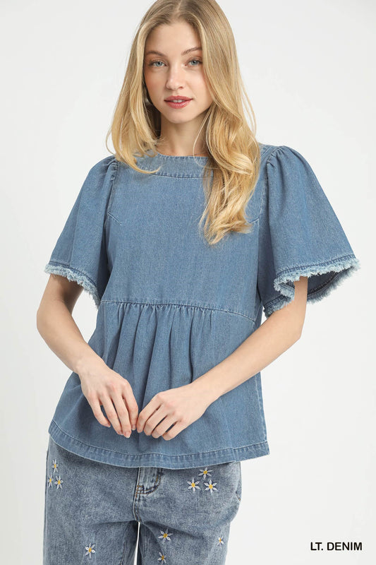 Light Denim Stone Wash Frayed Peplum Top