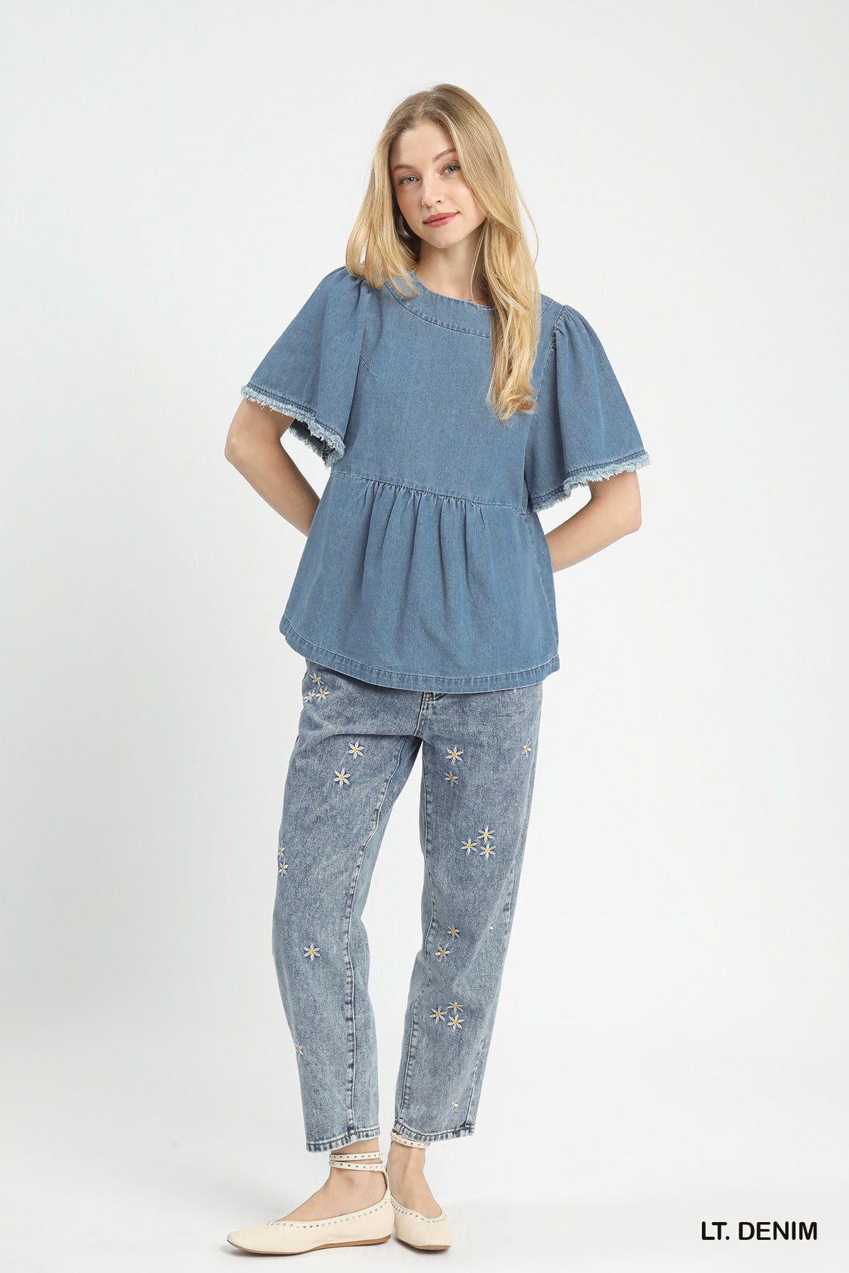 Light Denim Stone Wash Frayed Peplum Top