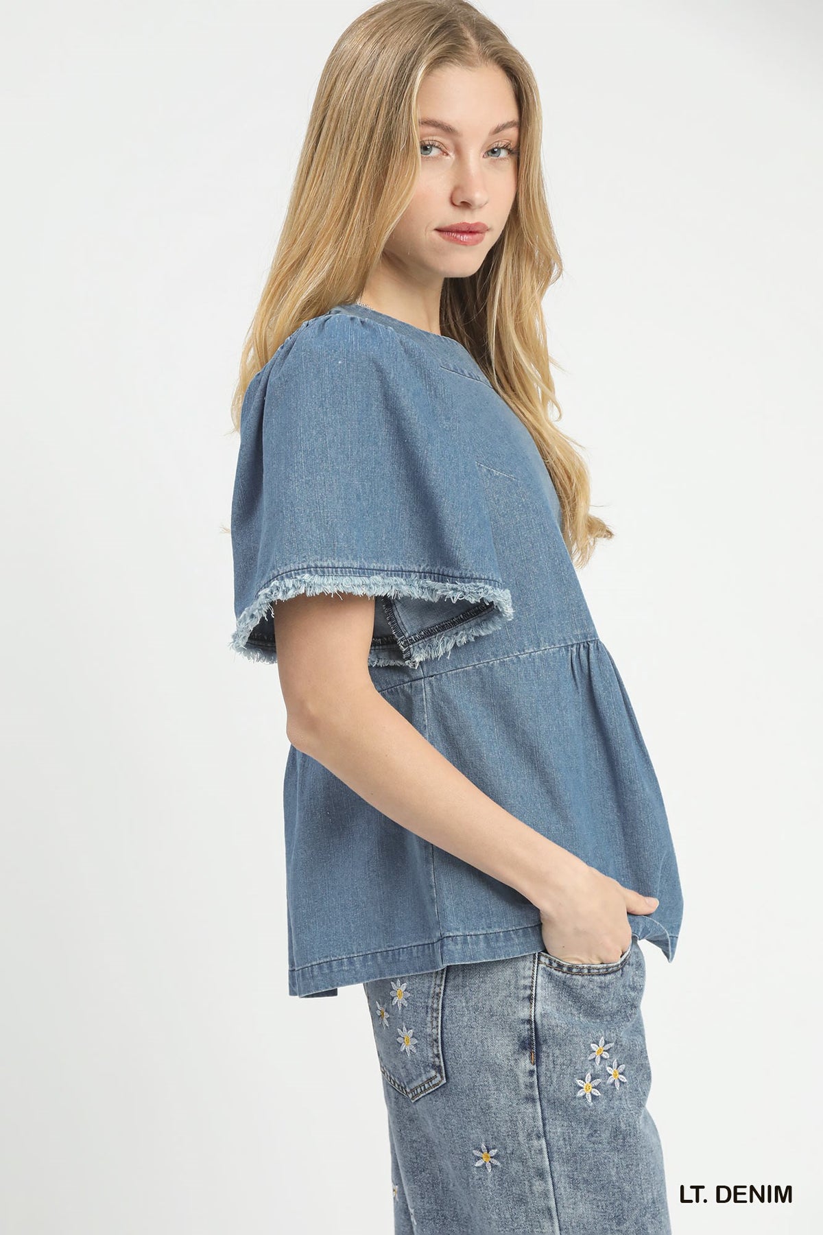 Light Denim Stone Wash Frayed Peplum Top
