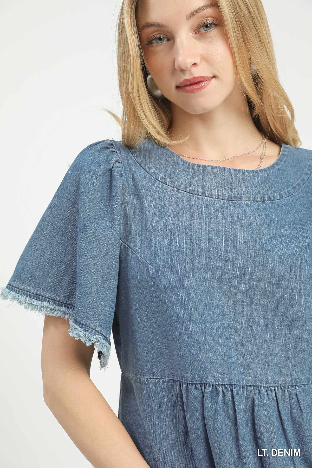 Light Denim Stone Wash Frayed Peplum Top
