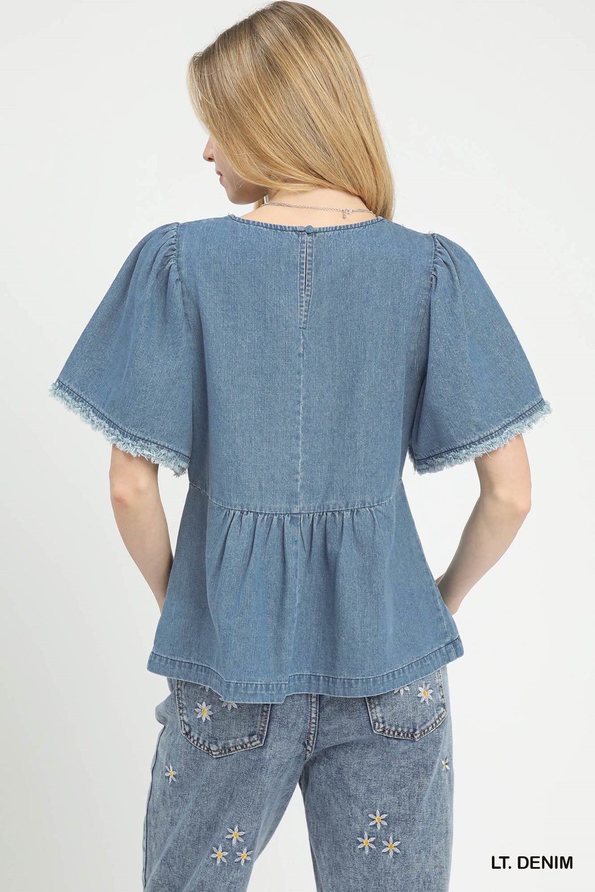 Light Denim Stone Wash Frayed Peplum Top