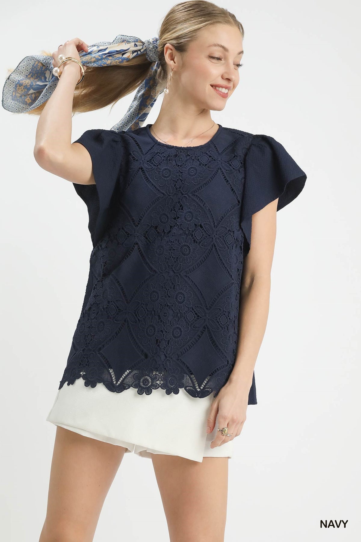 Navy Floral Lace Overlay Flutter Sleeve Top