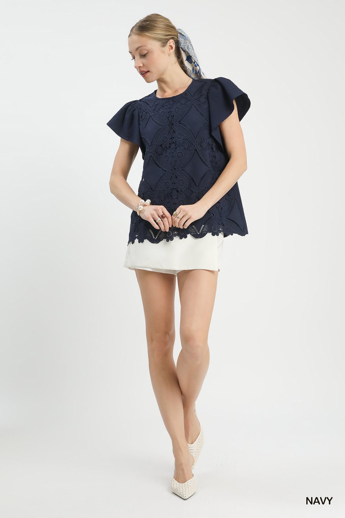 Navy Floral Lace Overlay Flutter Sleeve Top