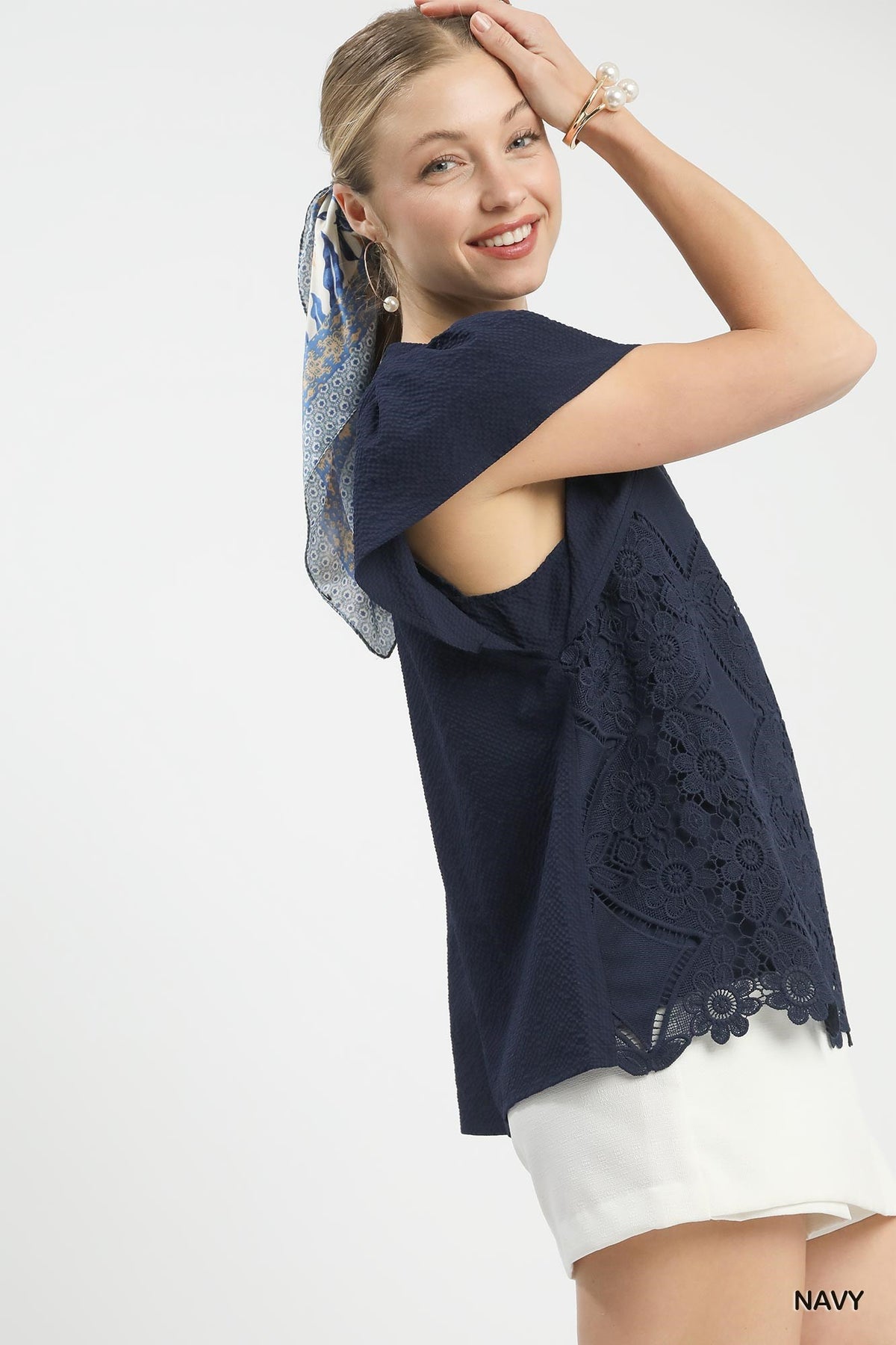 Navy Floral Lace Overlay Flutter Sleeve Top