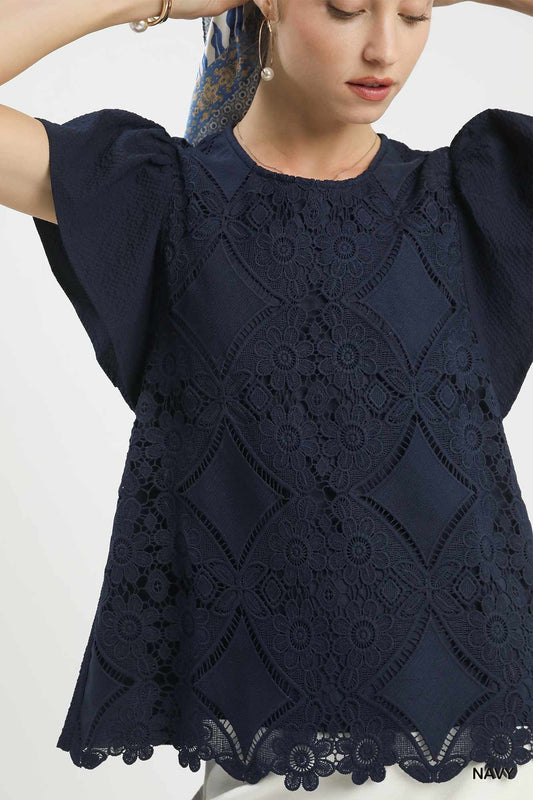 Navy Floral Lace Overlay Flutter Sleeve Top