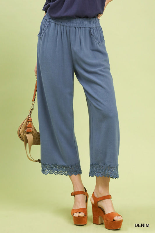 Navy Linen Wide Leg Pants