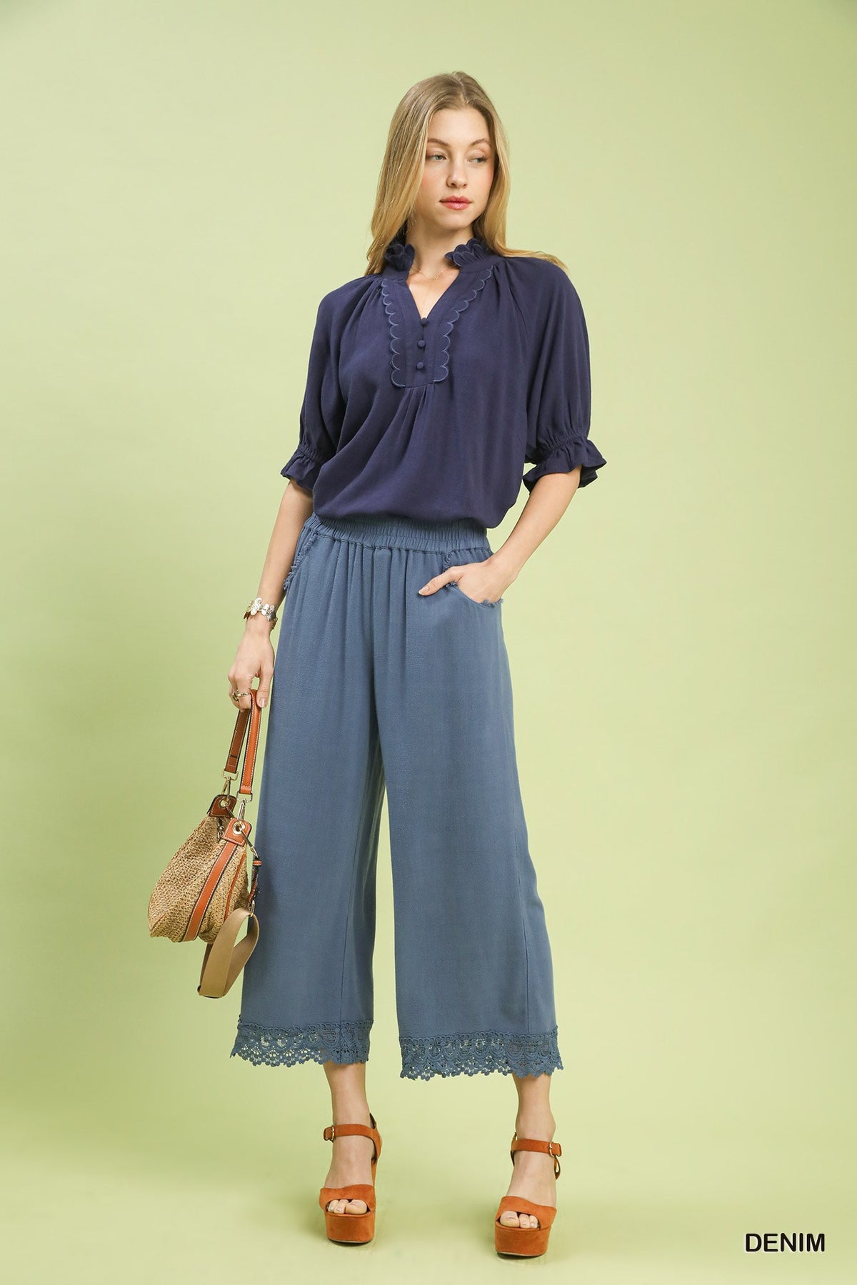 Navy Linen Wide Leg Pants