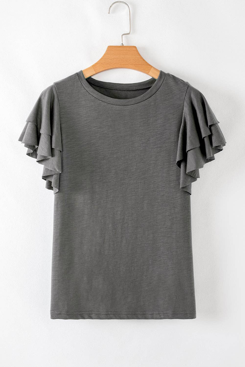 Dark Grey Ruffle Sleeve Casual Summer Top