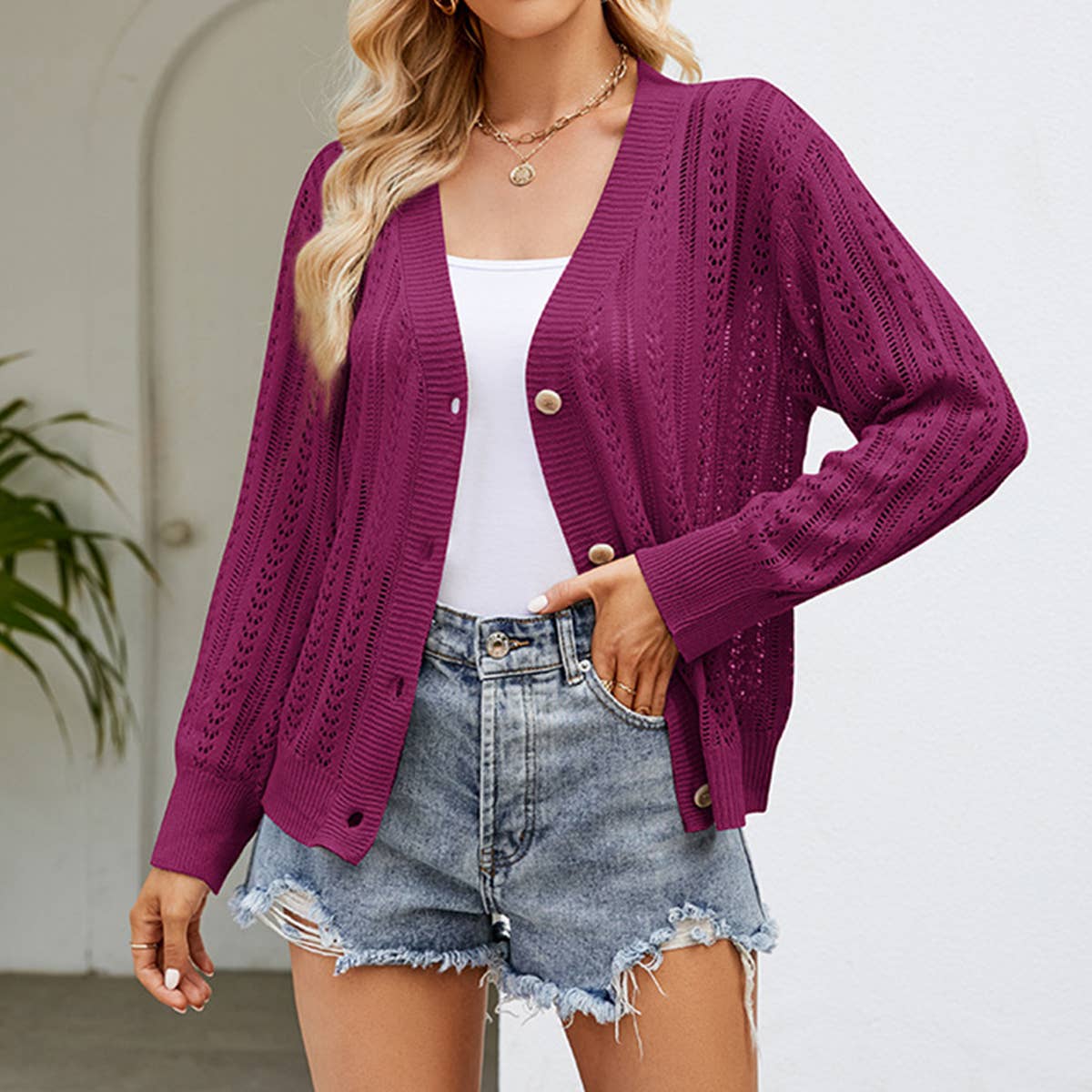 Purple Buckle Knit Cardigan Sweater