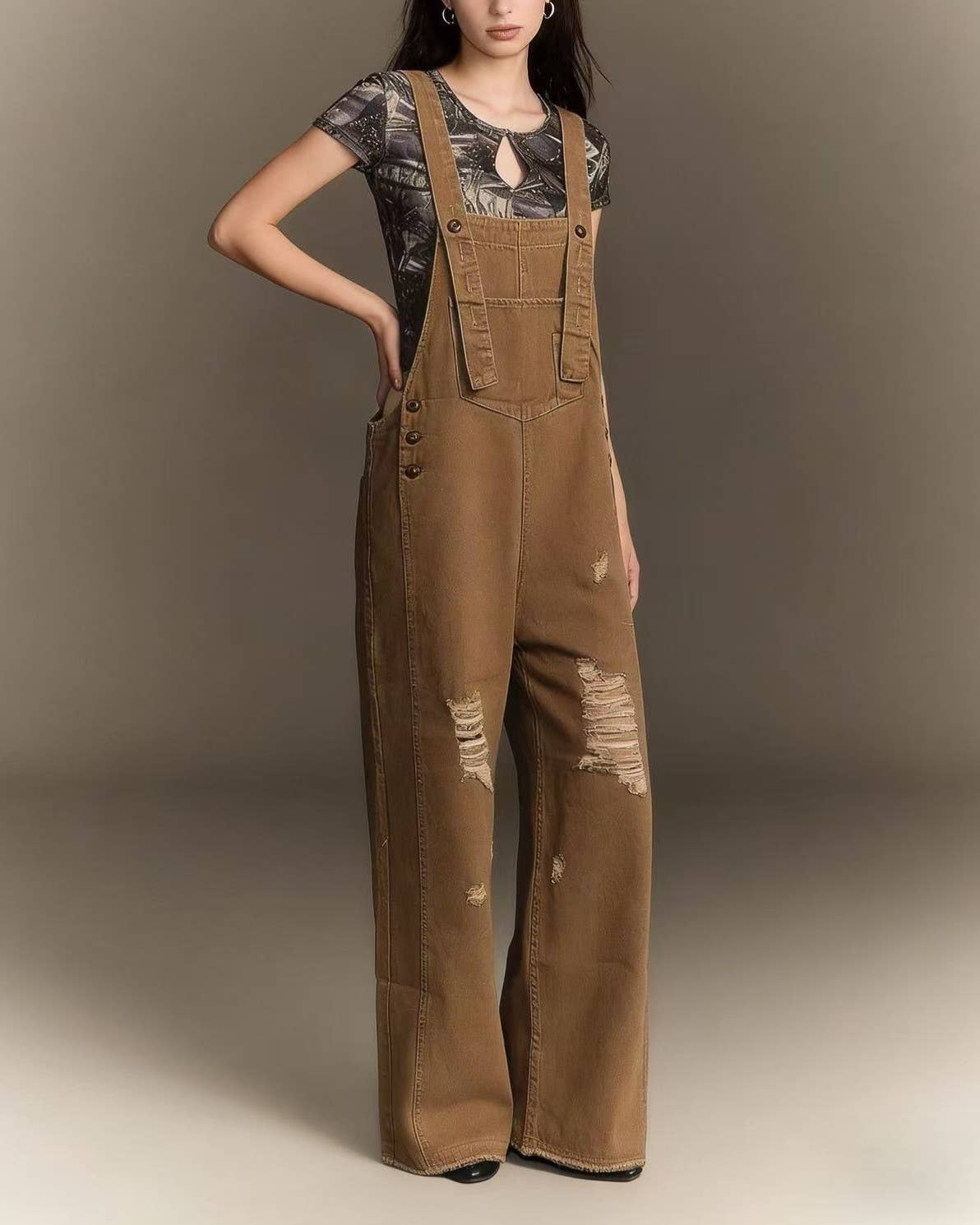 Coffee Distressed Baggy Wide Leg Denim Overalls