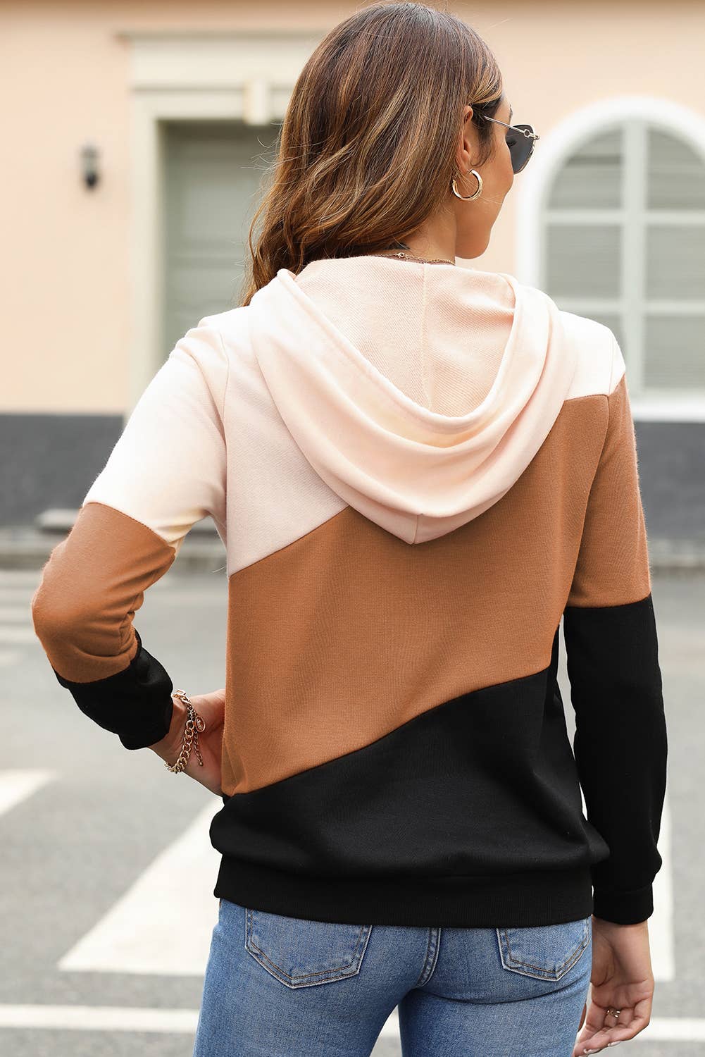 Khaki Colorblock Pocketed Hoodie Top