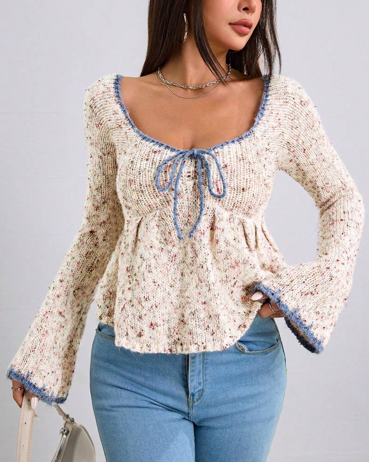 Elegant And Sweet Lace-Up Trumpet Sleeve Knitted Top