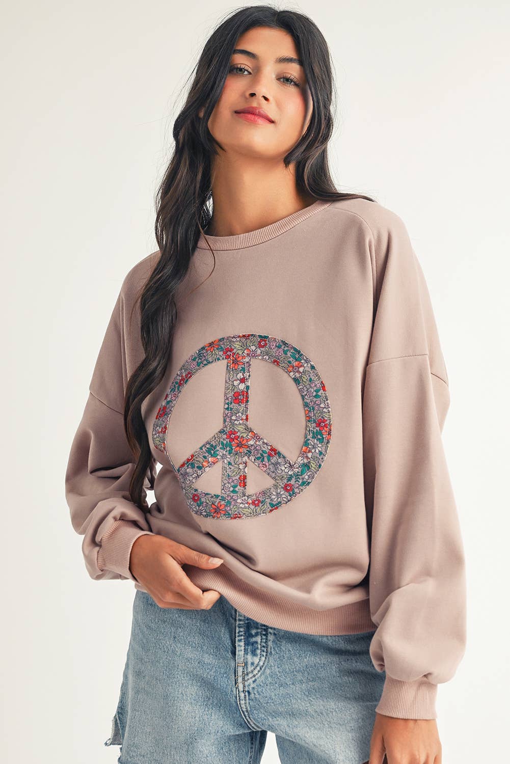 Floral Peace Symbol Drop Shoulder Sweatshirt