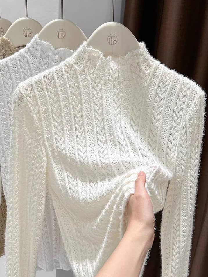 Beige Soft Knit Fluffy Texture Lace High Neck Layering Top