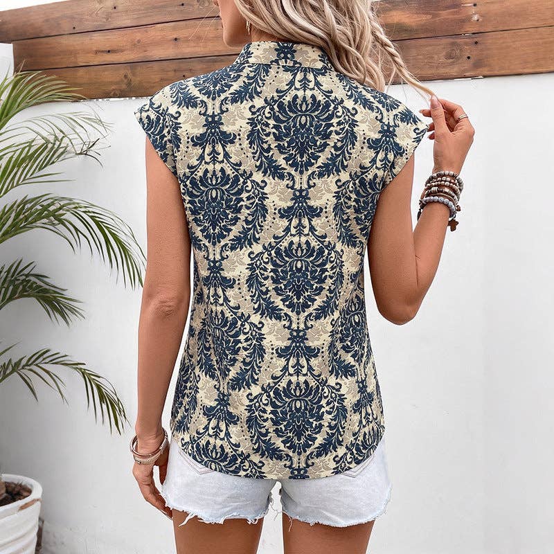 Vintage Art Print Stand Collar Flutter Sleeve Top