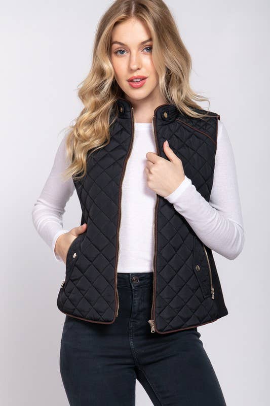 Black Suede Piping Detail Side Rib Quilted Padding Vest