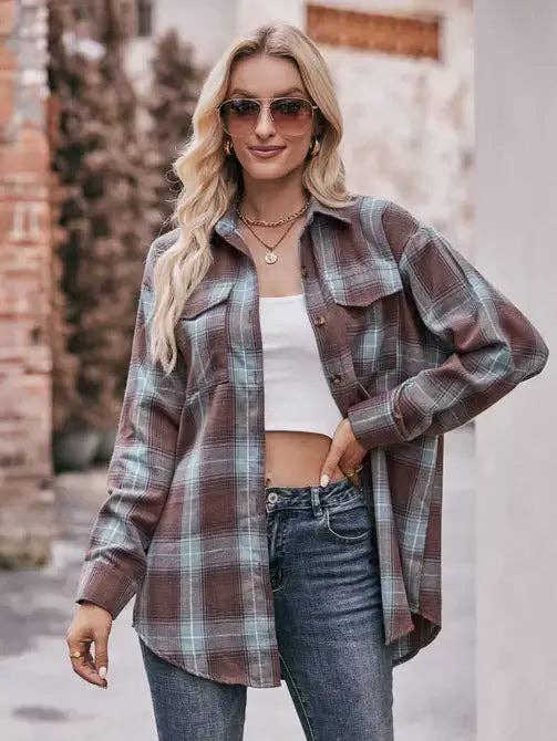 Green Plaid Oversized Flannel Button Down Shirt