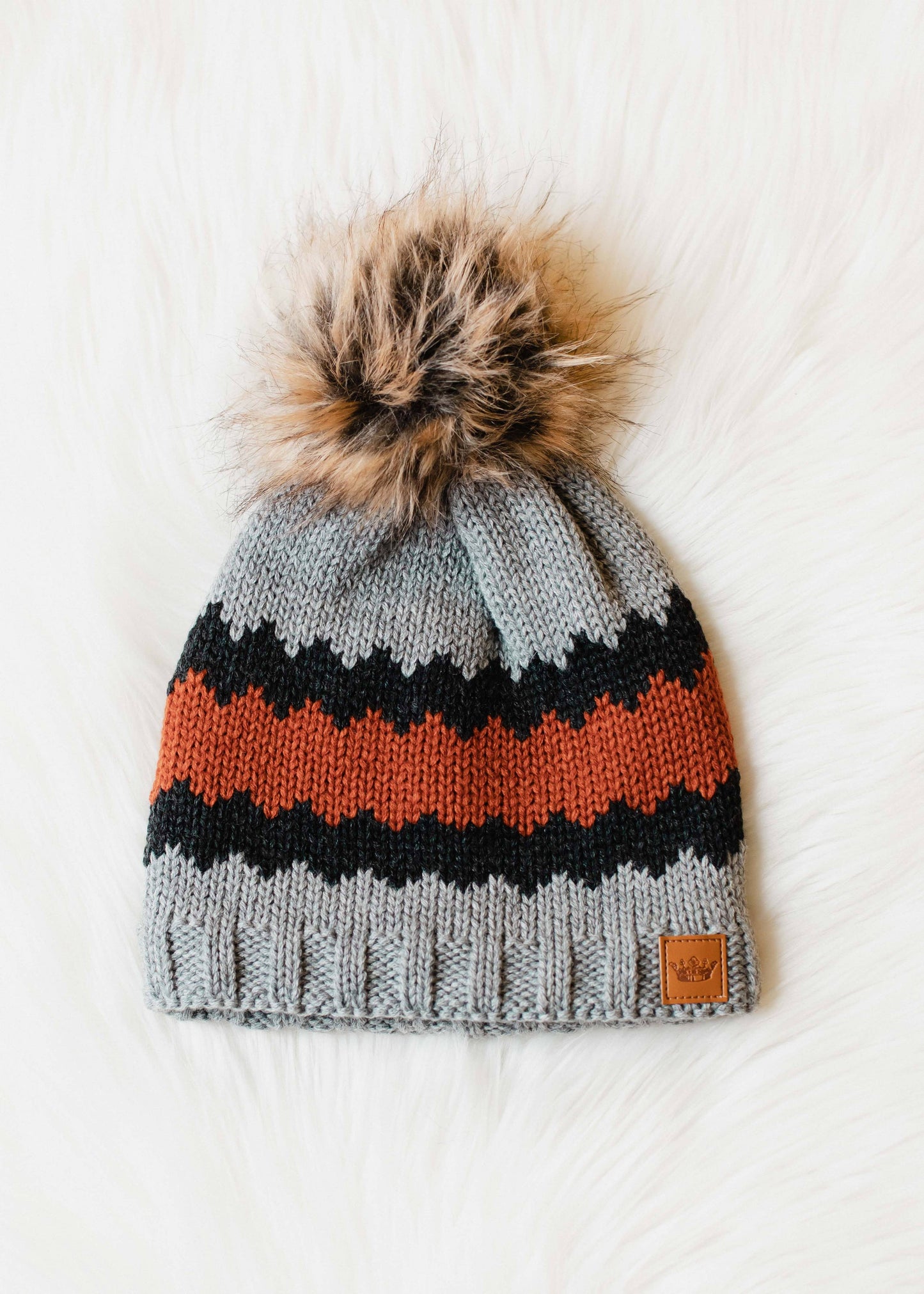 Gray, Charcoal & Rust Patterned Pom Hat