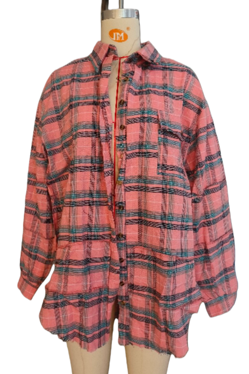Pink Plaid Oversized Long Sleeve Button Up Shirt