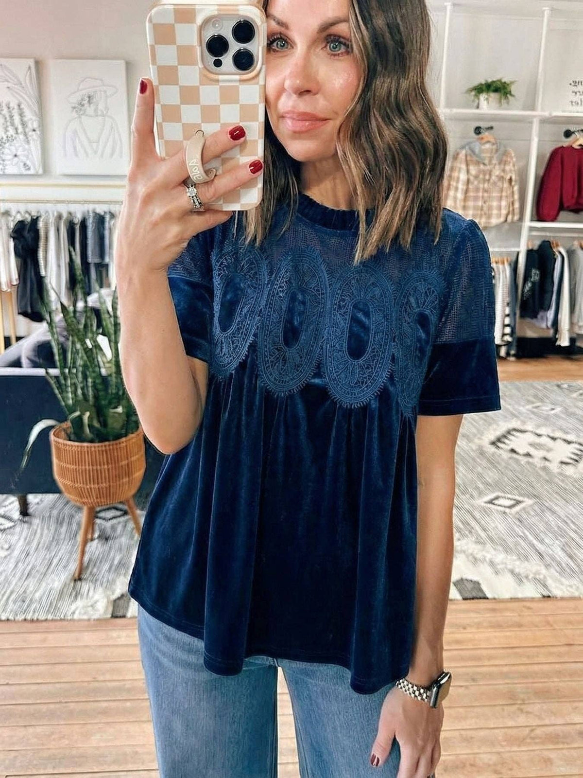 Navy Velvet Top with Lace & Embroidered Trim Gold Velvet Puff Sleeve Blouse