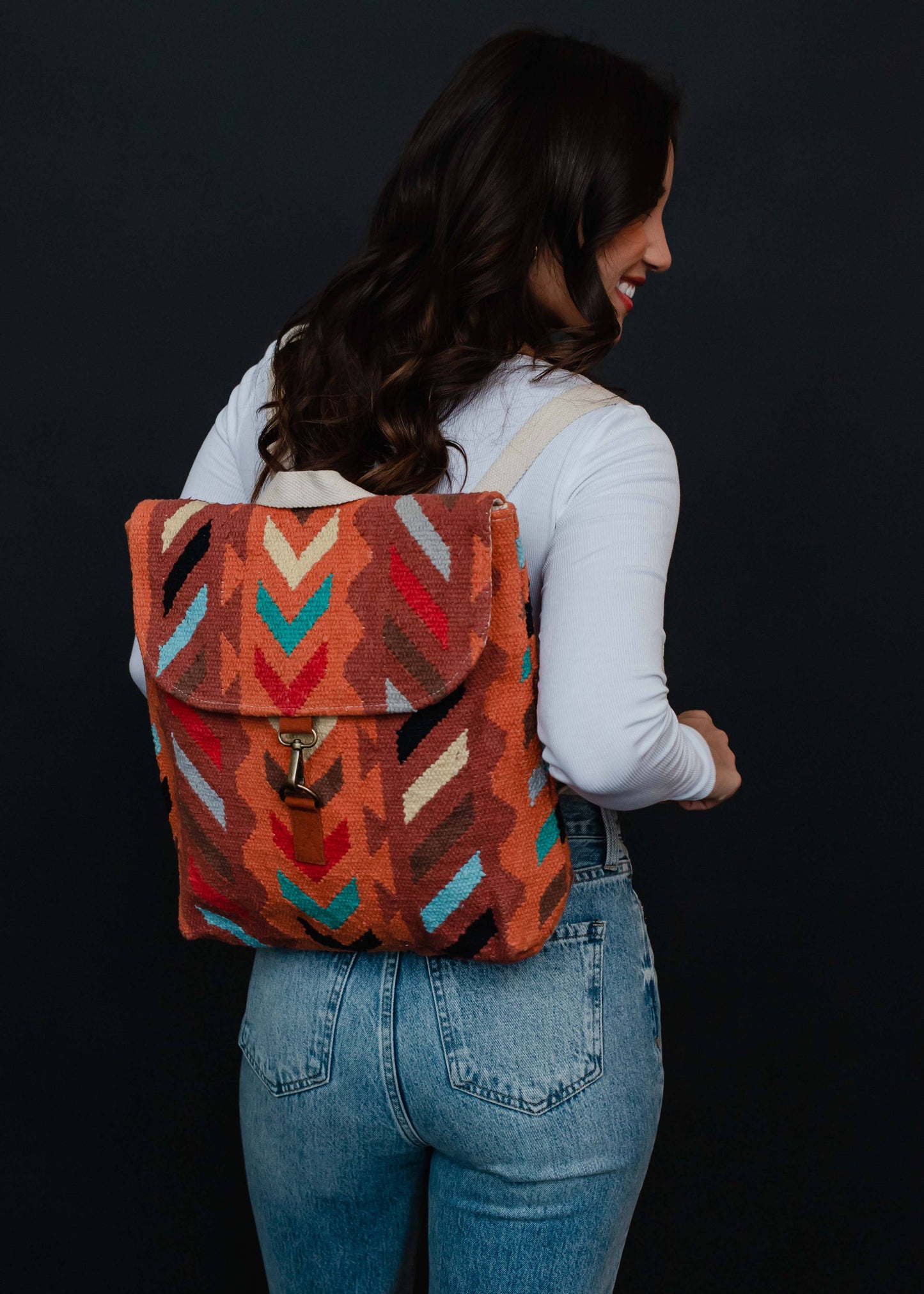 Orange & Multicolored Aztec Backpack