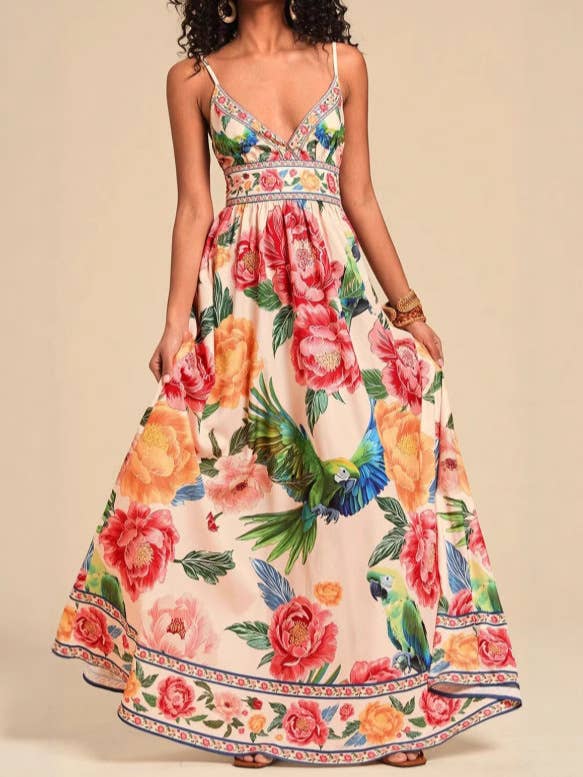 Verona Macaw & Peony Floral Print Resort Strappy Sundress