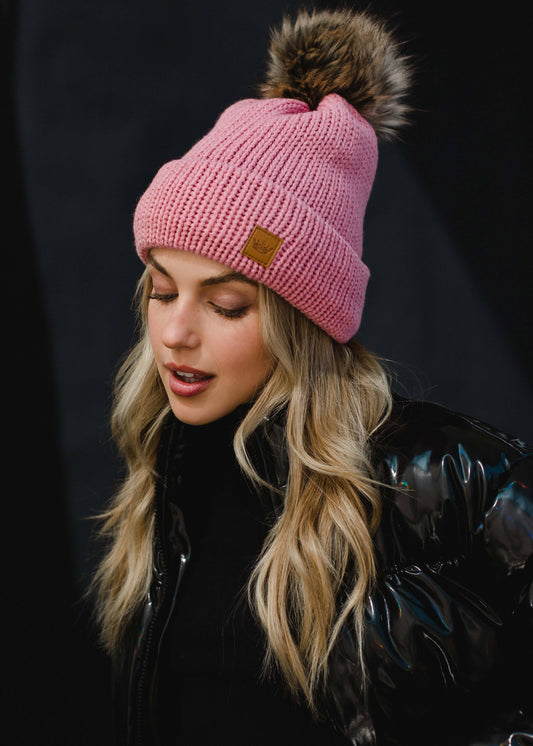 Pink Cable Knit Pom Hat