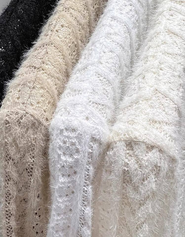 Beige Soft Knit Fluffy Texture Lace High Neck Layering Top