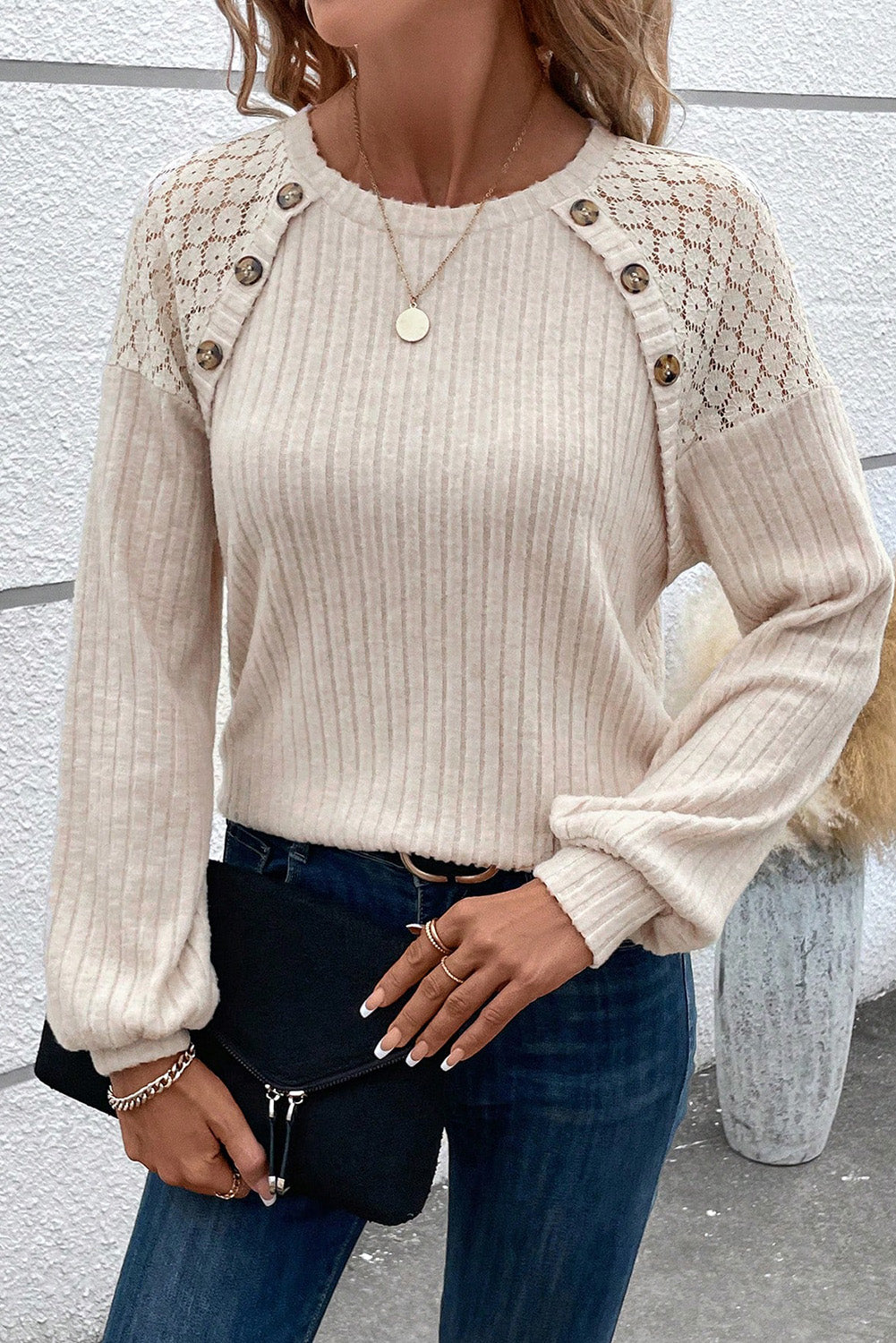 Oatmeal Lace Sleeve Sweater Top