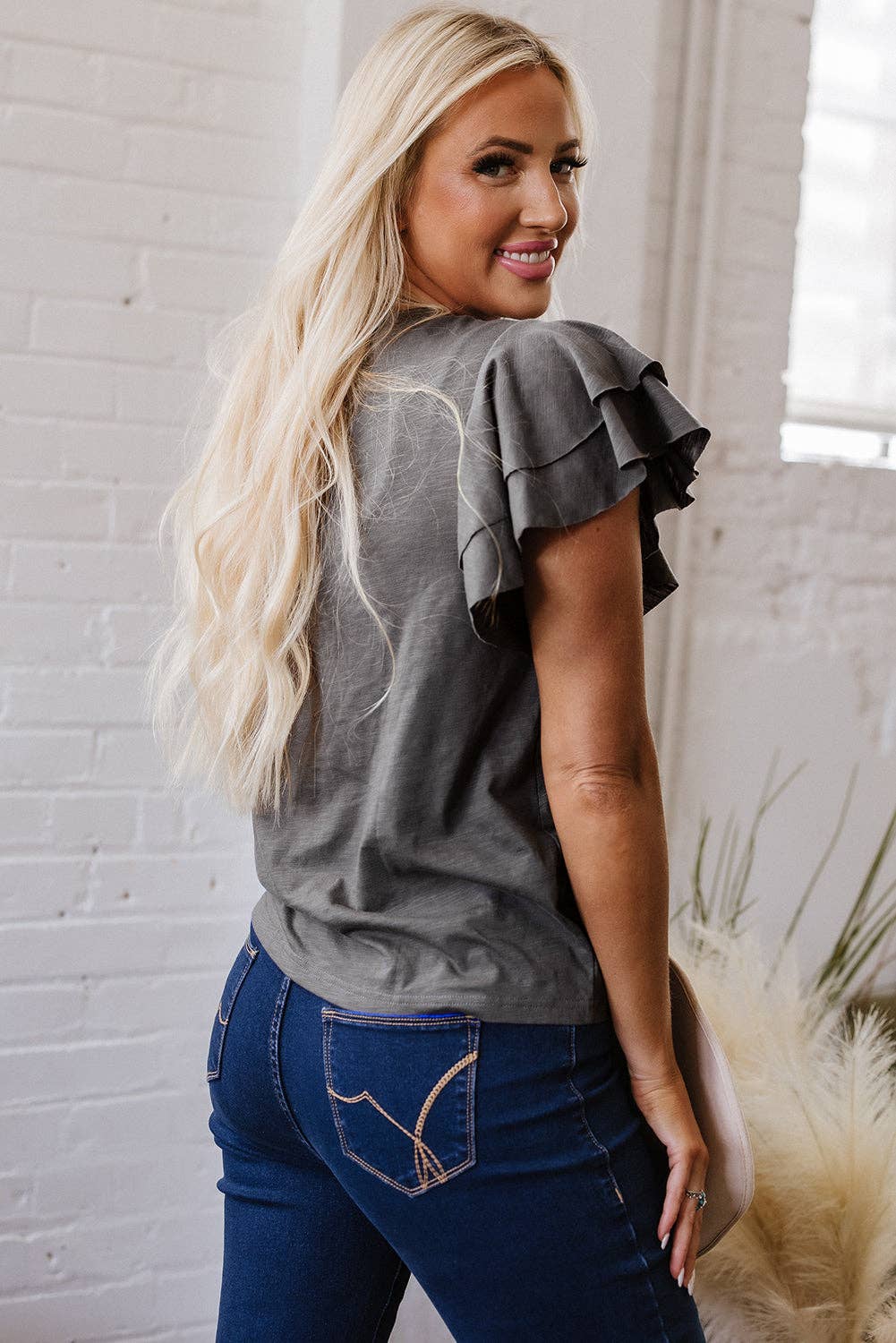 Dark Grey Ruffle Sleeve Casual Summer Top