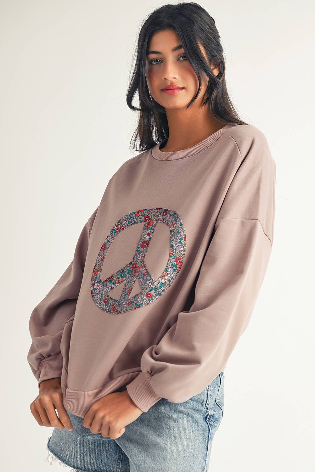 Floral Peace Symbol Drop Shoulder Sweatshirt