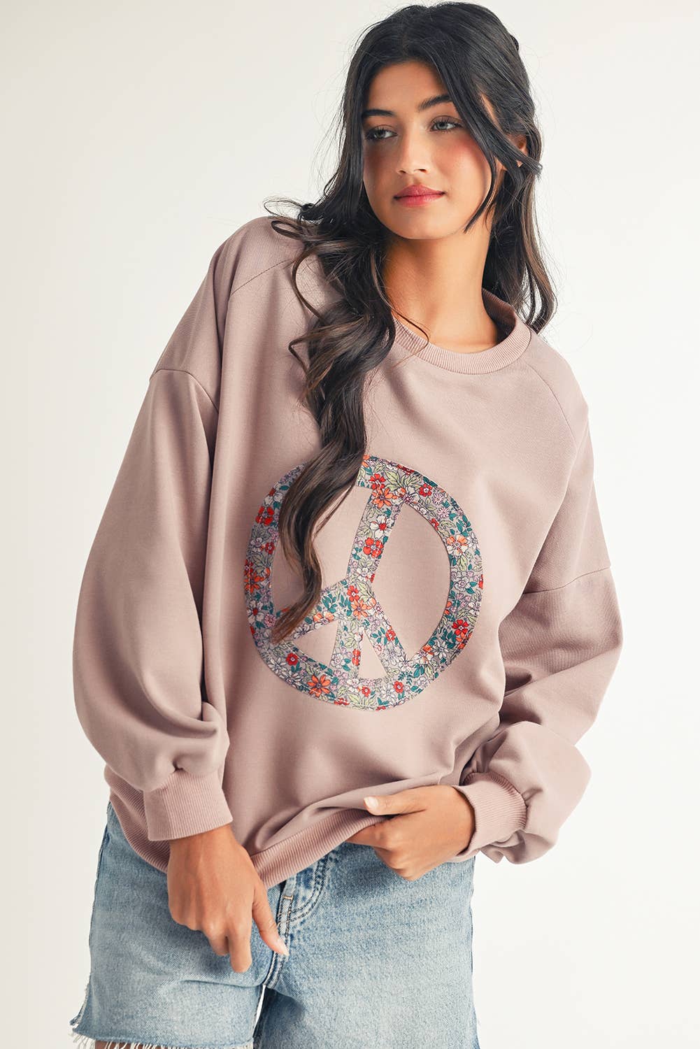 Floral Peace Symbol Drop Shoulder Sweatshirt