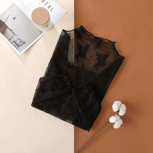 Black Semi Sheer Mesh Floral Lace Layering Top