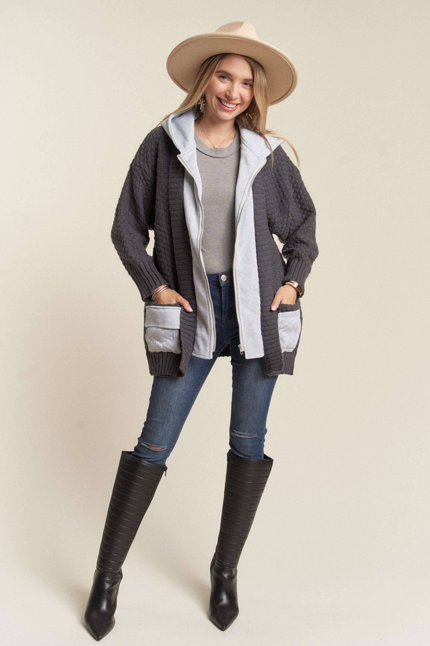 Charcoal Knit Zip Up Hoodie Jacket
