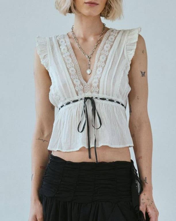 Lace Trim Flutter Sleeve Tie-Front Babydoll Top