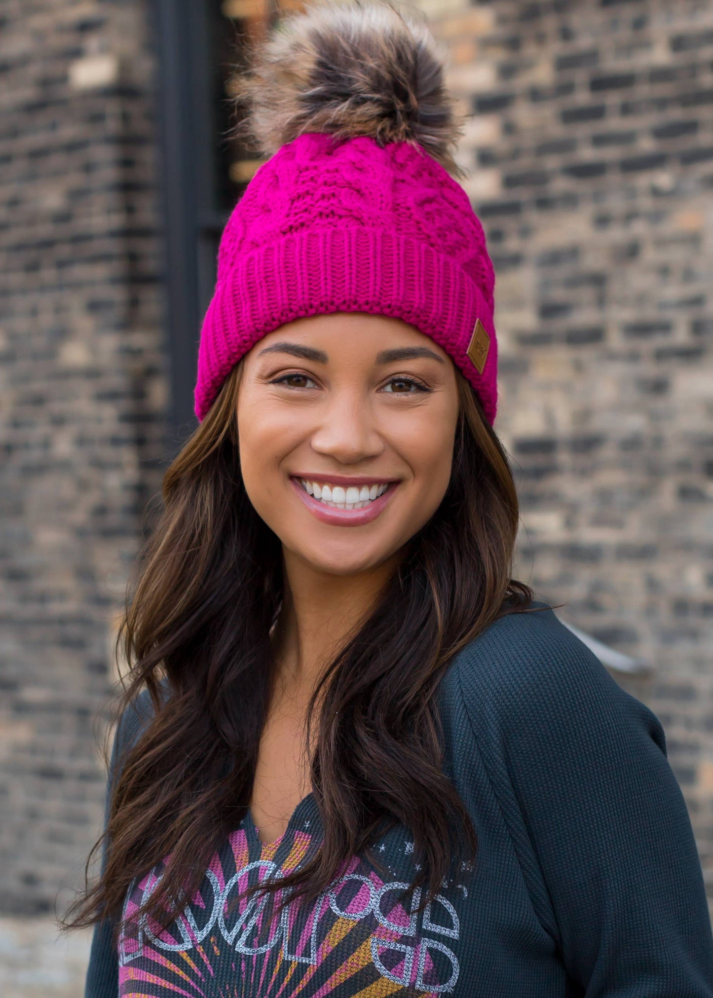 Pink Cable Knit Pom Hat