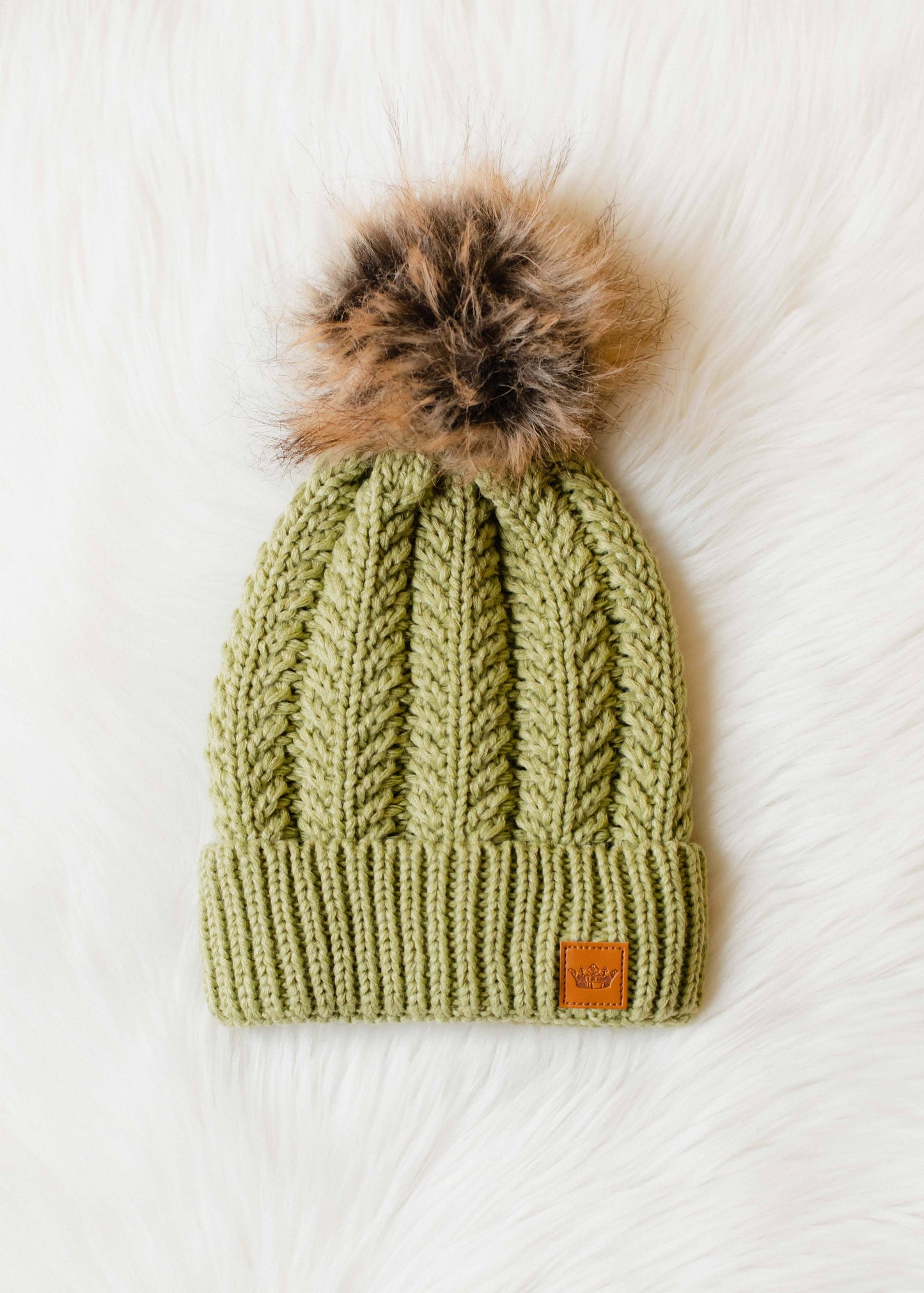 Light Green Cable Knit Pom Hat