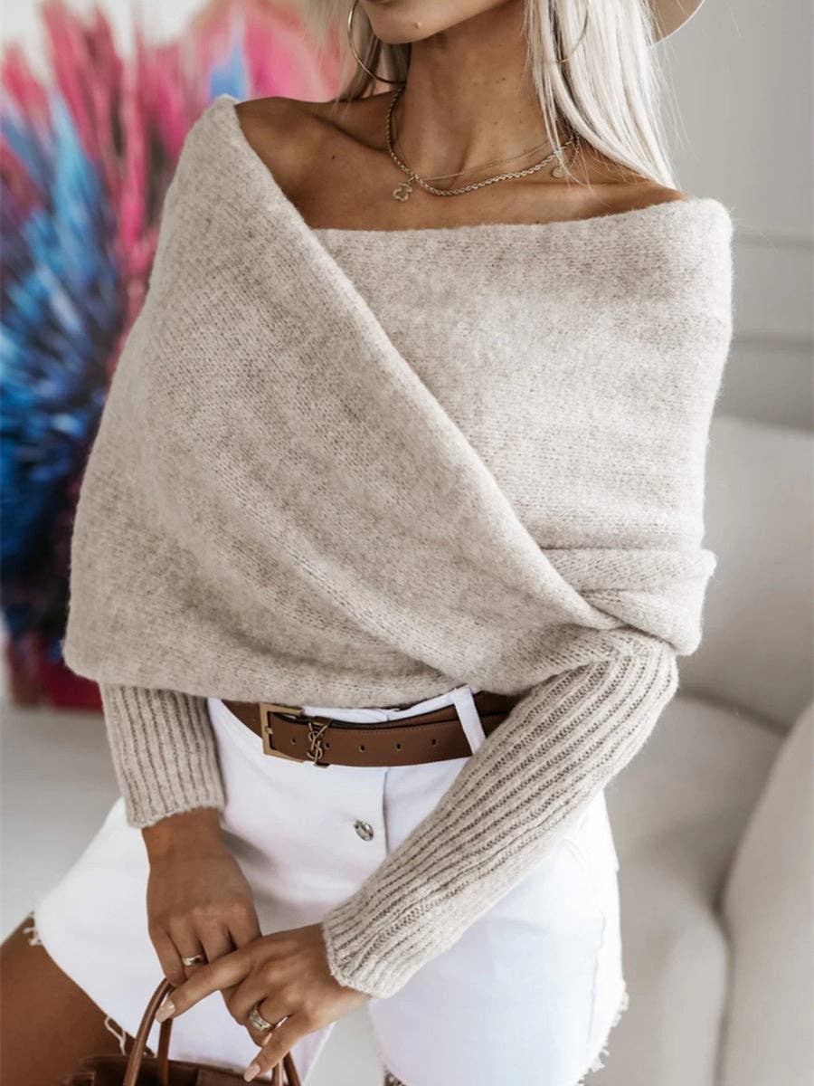 Dark Taupe Versatile Crossover Off Shoulder Knit Jumper