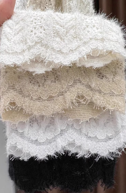Beige Soft Knit Fluffy Texture Lace High Neck Layering Top