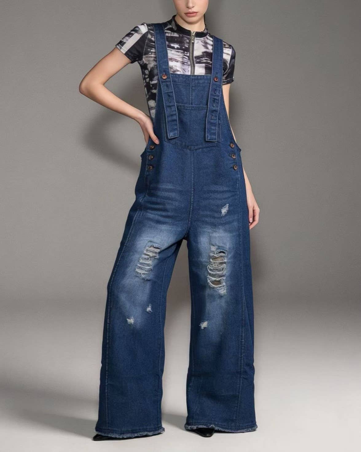 Blue Distressed Baggy Wide Leg Denim Overalls