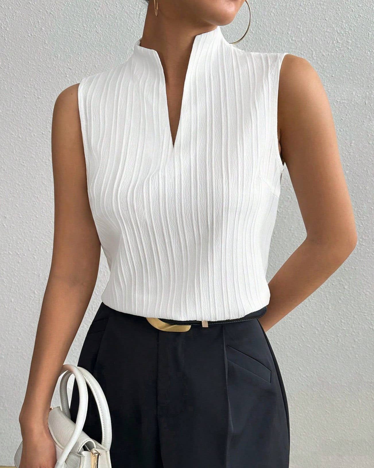 White V-Neck Sleeveless Textured Casual Tank Top