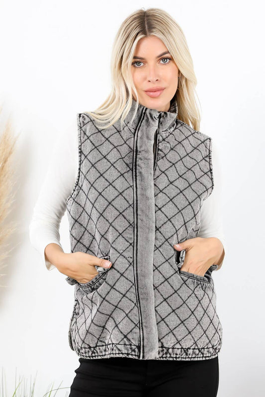 Quilted Denim Zip Up Front Washed Vest